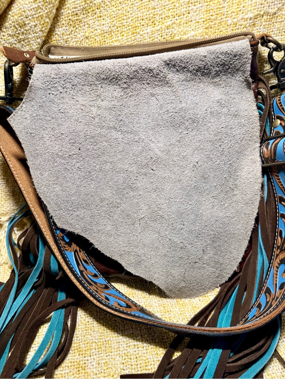 Myra Turquoise Tooled Leather & Hair-on Hide Fringe Crossbody Bag- 🔥 - Picture 5 of 5